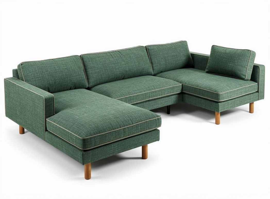 Green fabric sectional sofa with wooden legs 230 x 150 x 85cm