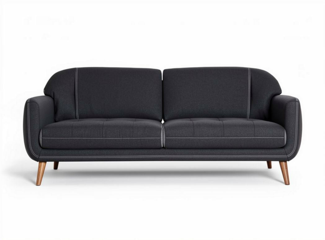Mid-century modern two-seater sofa in dark gray fabric with wooden legs