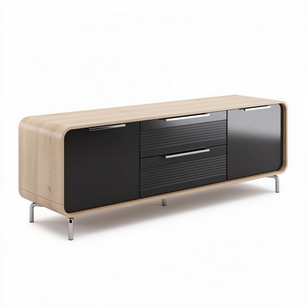 Modern sideboard in natural wood and black finish with three drawers 150 x 40 x 70cm