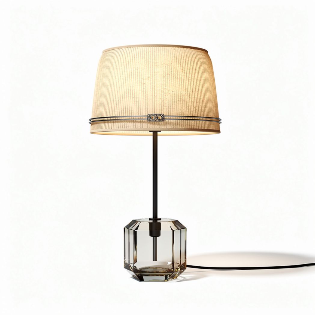 Glass table lamp with fabric shade and geometric base 30 x 30 x 50cm