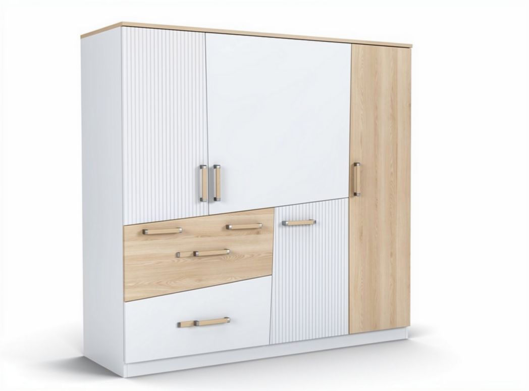 Contemporary wooden storage cabinet with four doors and two drawers in white and natural finish