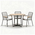 Outdoor dining set with round table and three chairs in gray metal and wood accents