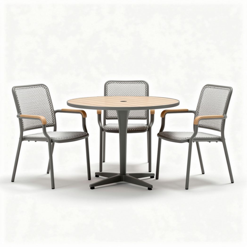Outdoor dining set with round table and three chairs in gray metal and wood accents