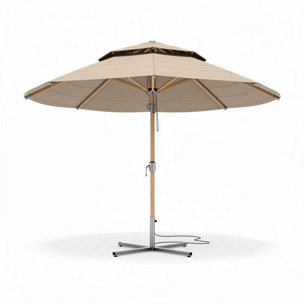 Large outdoor patio umbrella with steel frame and beige canopy 250 x 250 x 250cm