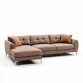 Sectional sofa in brown fabric with two accent pillows and chrome legs
