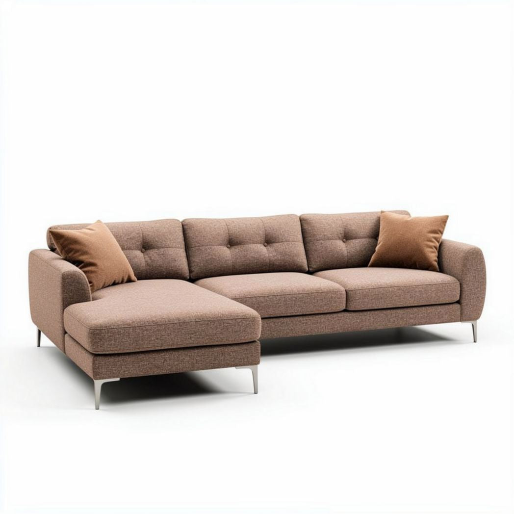 Sectional sofa in brown fabric with two accent pillows and chrome legs