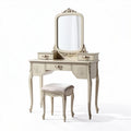 Vintage beige wooden vanity set with mirror and cushioned stool 120 x 50 x 150cm