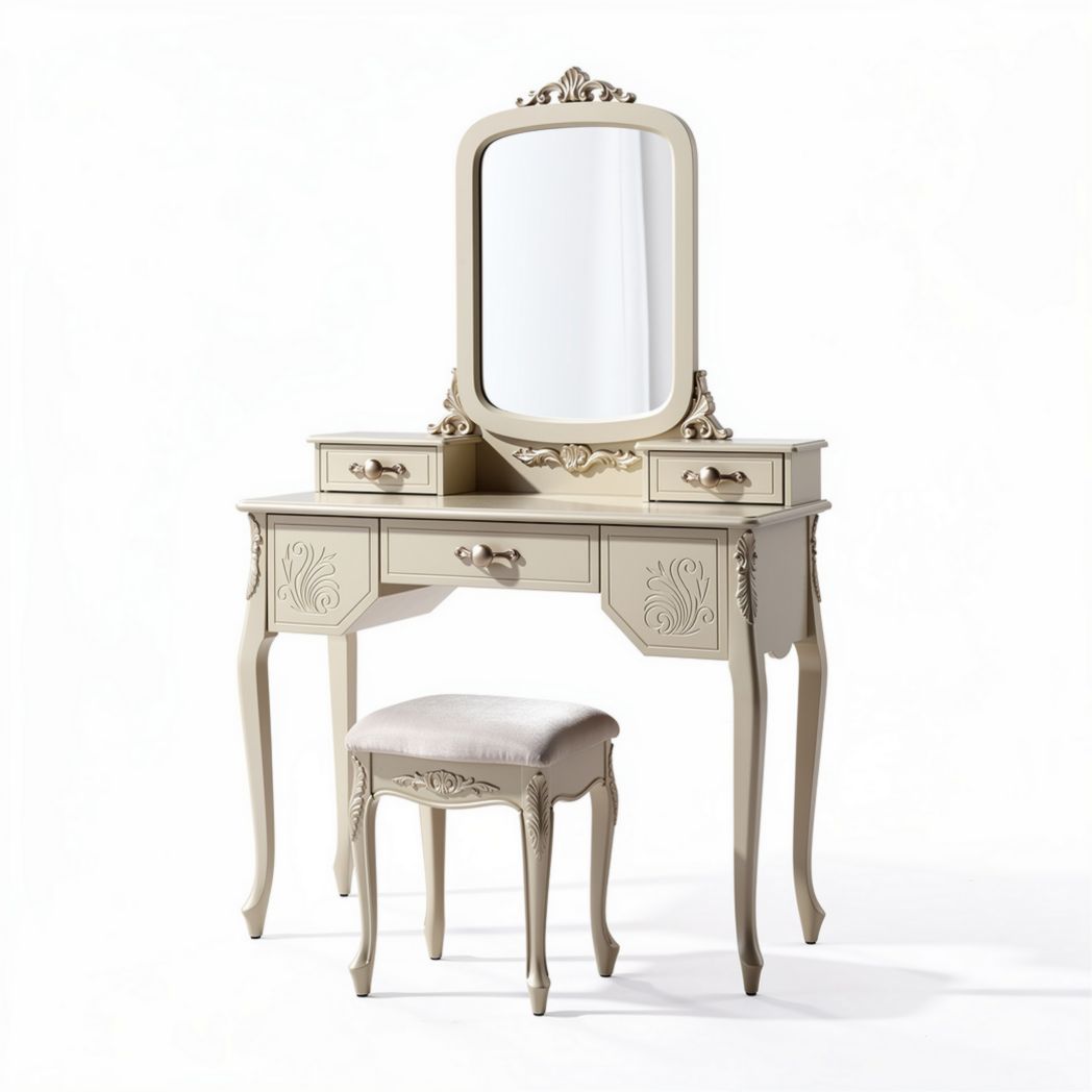 Vintage beige wooden vanity set with mirror and cushioned stool 120 x 50 x 150cm
