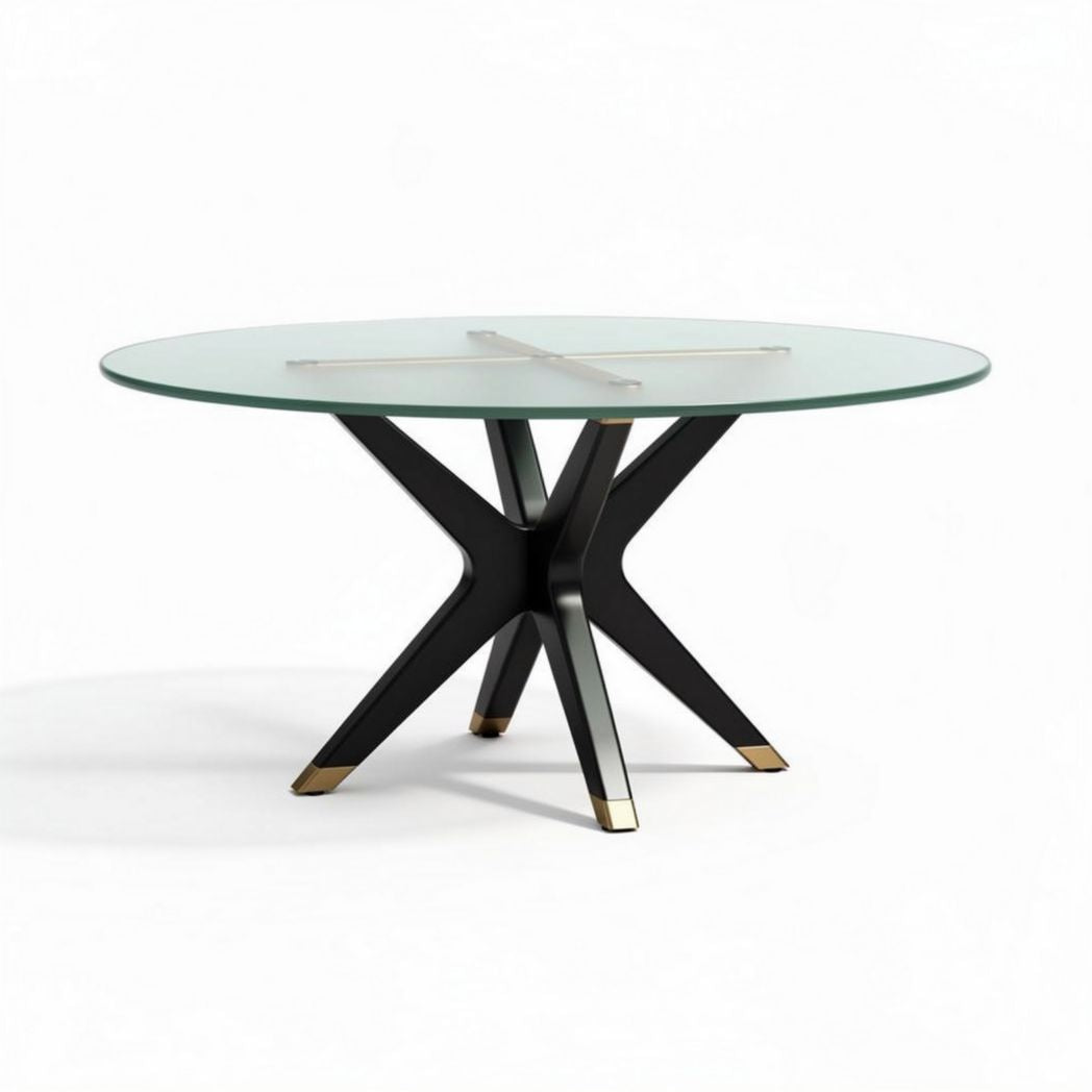 Round glass top dining table with black metal base 80 x 80 x 75cm